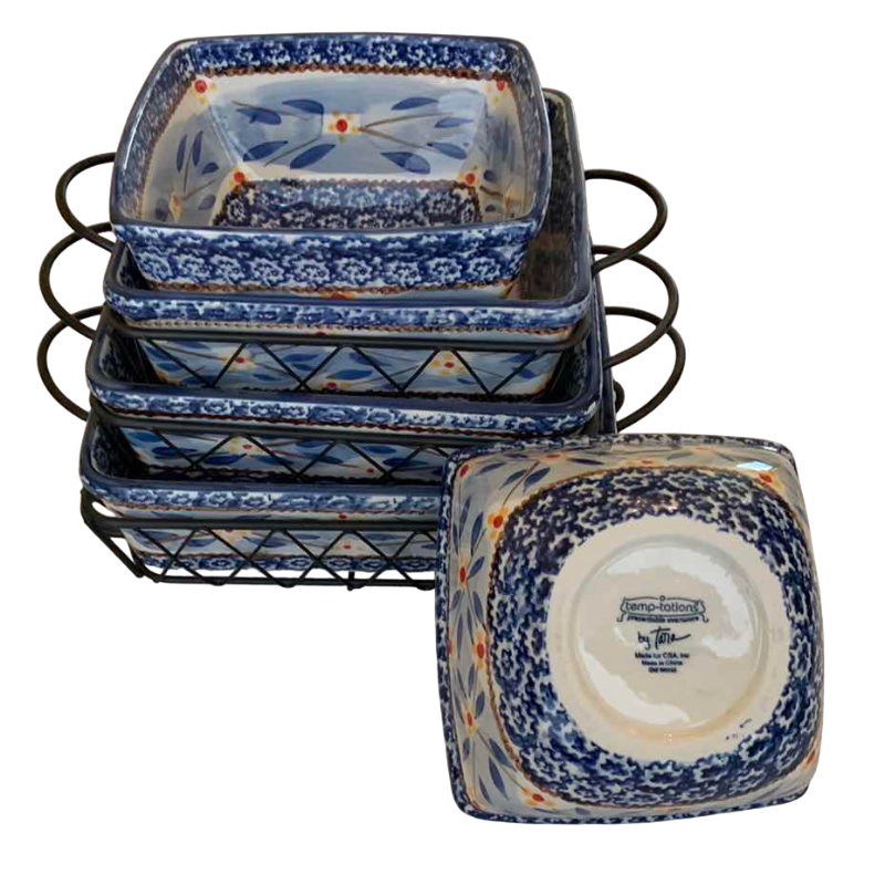 Photo 1 of 3 TEMPTATIONS BY TARA OLD WORLD BLUE CASSEROLE SETS WITH WIRE RACKS AND 2 SERVICE DISHES