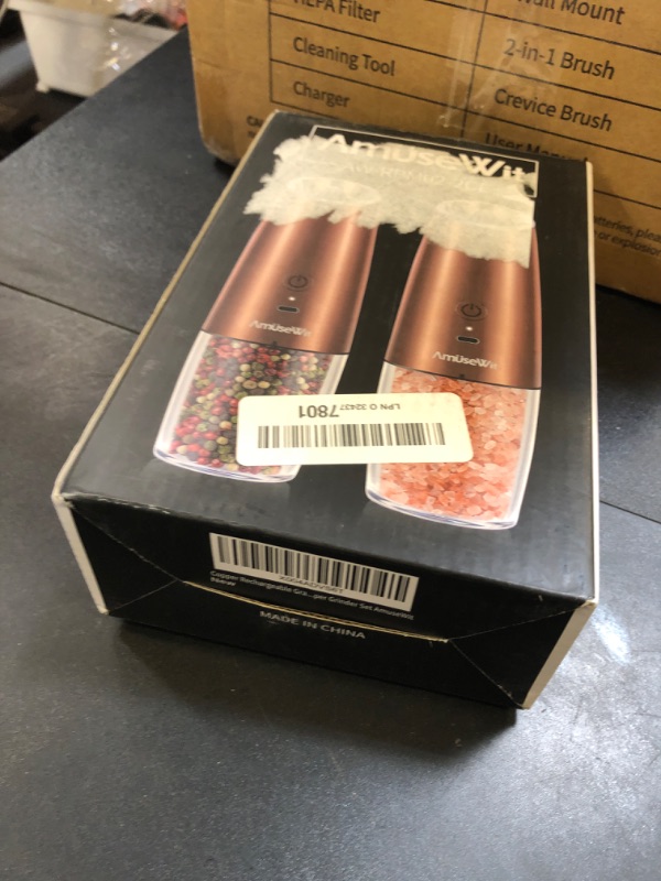 Photo 1 of AmuseWit Gravity Electric Salt and Pepper Grinder Set [White Light] USB Rechargeable Automatic Pepper and Salt Mills,Adjustable Coarseness,One-Handed Operation, Copper