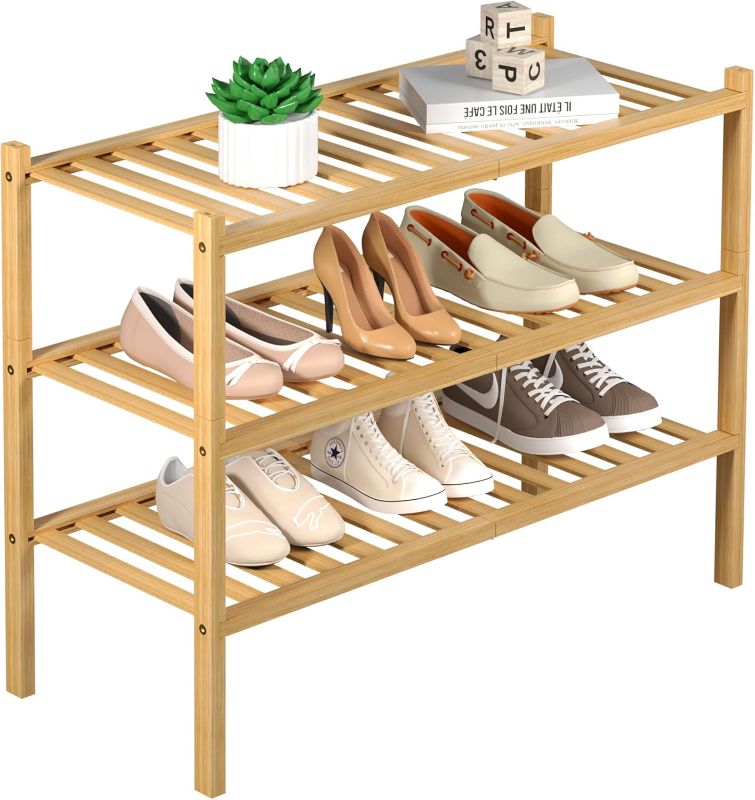 Photo 1 of **PARTS ONLY***STOCK PHOTO REFERENCE ONLY, NOT IN ORIGINAL PACKAGING*** 
3 Tier Bamboo Shoe Rack for Closet Free Standing Wood Shoe Shelf Storage Organizer for Entryway Small Space Stackable  (Natural)