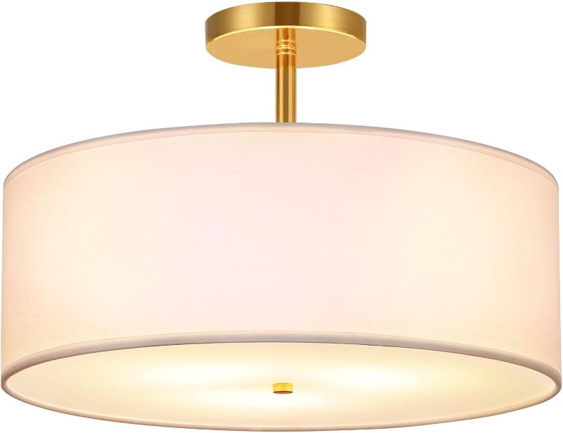 Photo 1 of FRIDEKO HOME 3-Light Semi Flush Mount Ceiling Light Fixture, 15.74" Gold Drum Light, Modern Close to Ceiling Light with White Fabric Shade Lamps for Bedroom Living Room Kitchen Hallway Entryway Foyer
