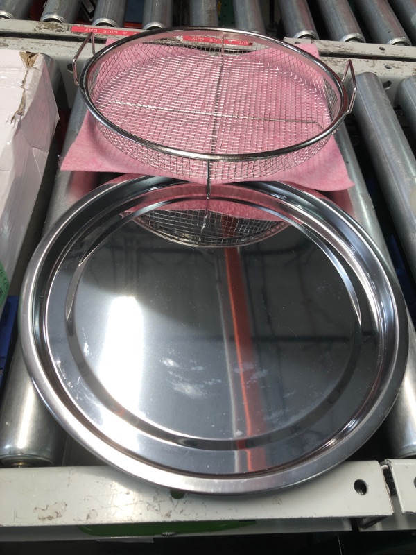 Photo 1 of Air Fryer Basket for Oven,2 Pieces Set Round Silver 12.9'' Non-stick Stainless Steel Mesh Air Fryer Baking Tray Accessories Rack Roasting Grill Basket for Convection Oven Air Fryer, Dishwasher Safe