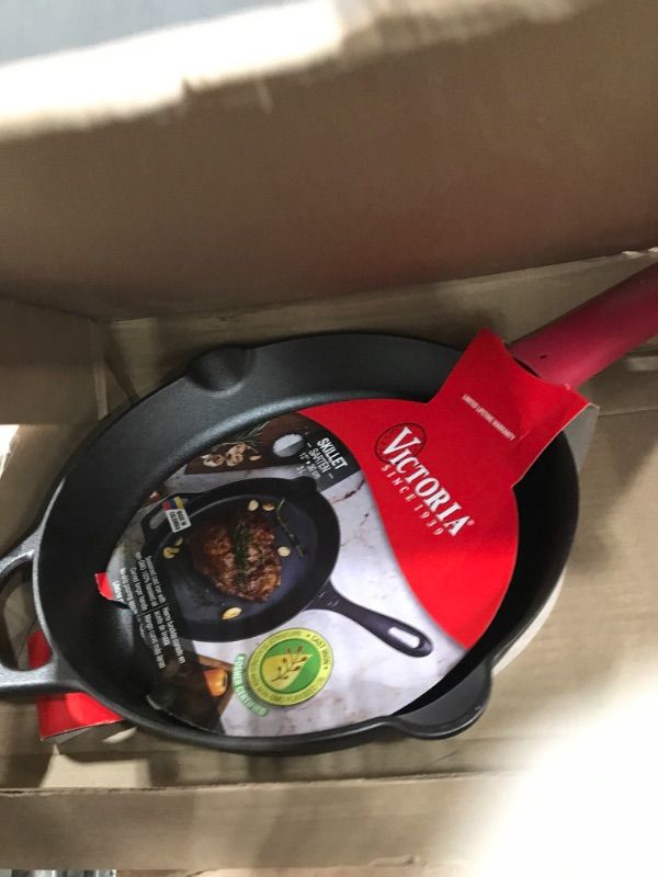 Photo 1 of 3L Victoria Cast Iron Skillet Large Frying Pan with Helper Handle Seasoned with 100% Kosher Certified Non-GMO Flaxseed Oil, 12 Inch, Black