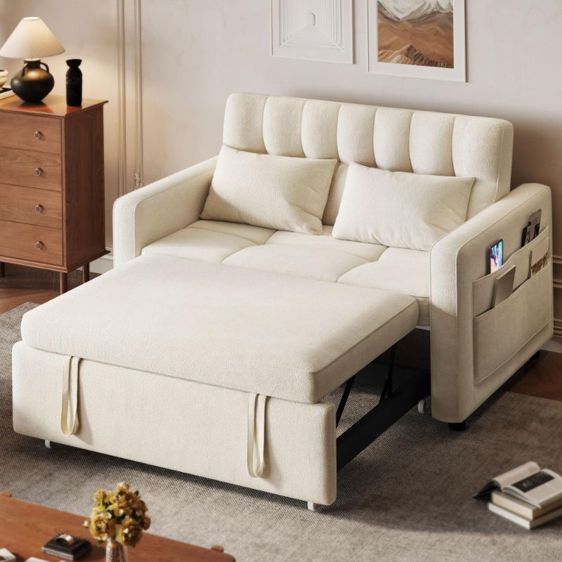 Photo 1 of FINAL SALE!!! NON-REFUNDABLE* PRTIAL SET* DWVO 3-in-1 Convertible Sofa Bed, 55" Sleeper Sofa with Pull-Out Bed, Cat-Scratch-Proof Fabric Futon Couch with Adjustable Backrest and Side Pocket, Loveseat for Living Room Apartment, Beige