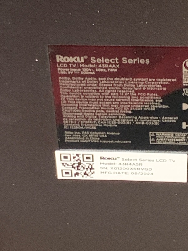 Photo 1 of *******************SCREEN DAMAGED, NON-FUNCTIONAL, FINAL SALE***************

Roku Smart TV – 43-Inch Select Series 4K HDR RokuTV with Roku Enhanced Voice Remote, Brilliant 4K Picture, Automatic Brightness, & Seamless Streaming – Live Local News, Sports, 