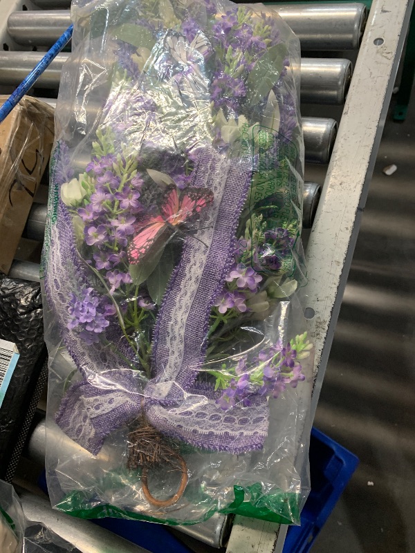 Photo 1 of ?Jusdreen LED Teardrop Lavender Wreath with Butterflies - Faux Floral Swag Decor for Doors/Windows/Walls, Farmhouse Wedding Party Home Decor?