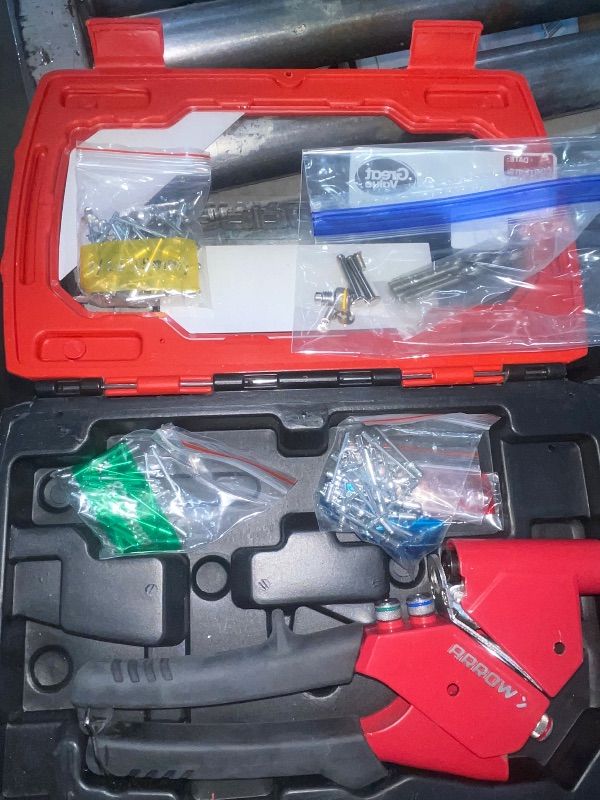 Photo 1 of Arrow RT187SHK Swivel Head One-Handed Rivet Tool Kit, Manual Riveter Set for Metal and Auto Repair, uses 3/32", 1/8", 5/32", 3/16" Rivets, Includes Storage Case, 100 Rivets, and 4 Drill Bits