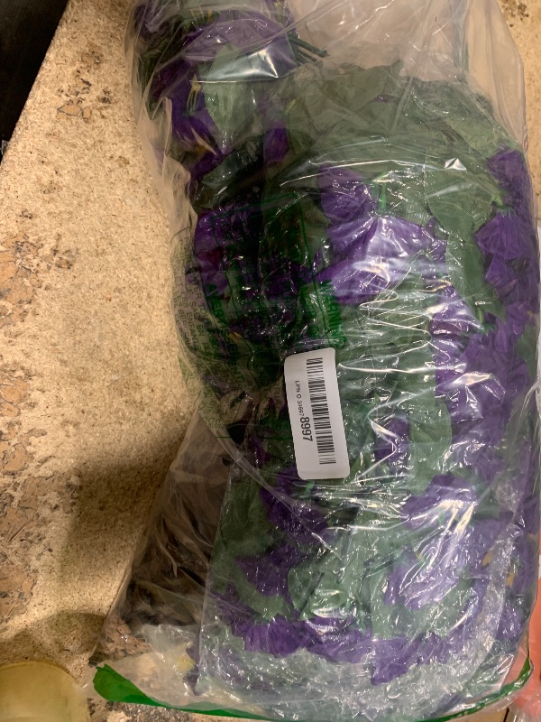 Photo 1 of Artificial Faux Hanging Flowers Plants Basket for Outdoor Outside Porch Decoration, UV Resistant Fake Silk Purple Morning Glory Trailing Vines Realistic for Summer Home Balcony Yard Patio