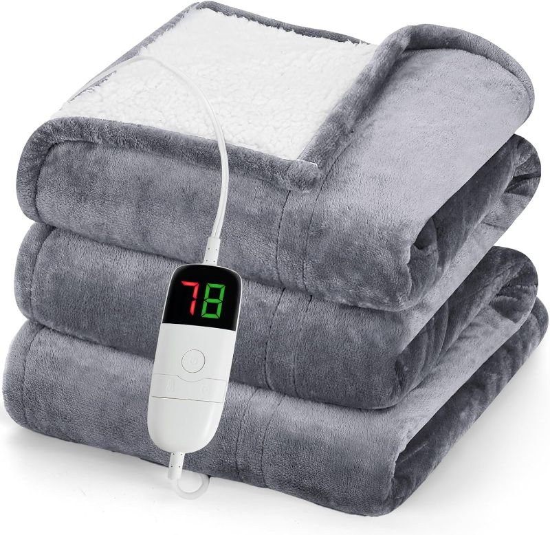 Photo 1 of ***(MISSING POWER CORD/ UNABLE TO TEST)***
greenoak Heated Blanket Electric Throw 50"X60", Heating Blanket with 10 Heat Levels 1/2/4/6/8 Hours Auto-Off Overheat Protection, Flannel Sherpa Soft Warm Heater, ETL Certified Misty Grey