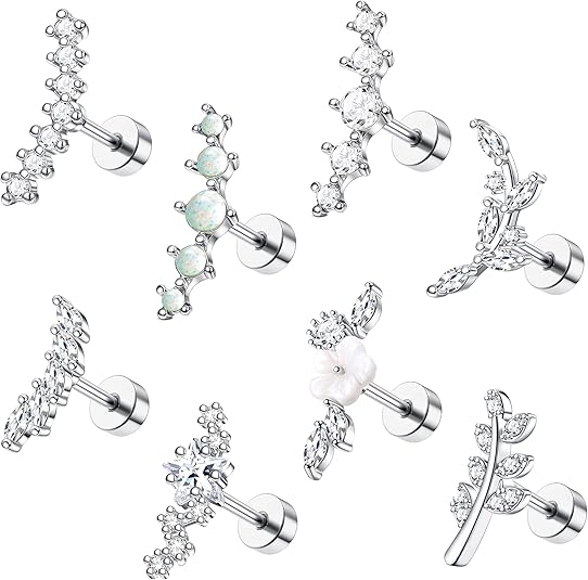 Photo 1 of 8Pcs 16G Cartilage Earring Set Stainless Steel Flower Opal CZ Stud Earrings Flat Back Cartilage Conch Helix Piercing Jewelry for Women
