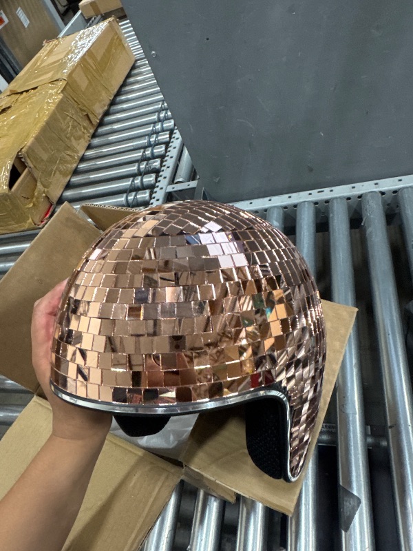 Photo 1 of *UN KNOWN SIZE* Disco Ball Helmet with Retractable Visor Glitter Mirror Glass Disco Helmet Punk Disco Ball Costume Hat for Bar DJ Club Party (Rose Gold)