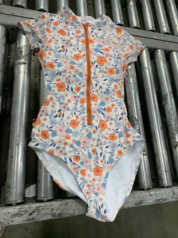 Photo 1 of Century Star One Piece Swimsuit Women 2025 Teen Girls Modest Rash Guard Swimsuit High Neck Cute Short Sleeve Surfing Athletic Swimwear Full Coverage Zip Bathing Suit Orange Floral S