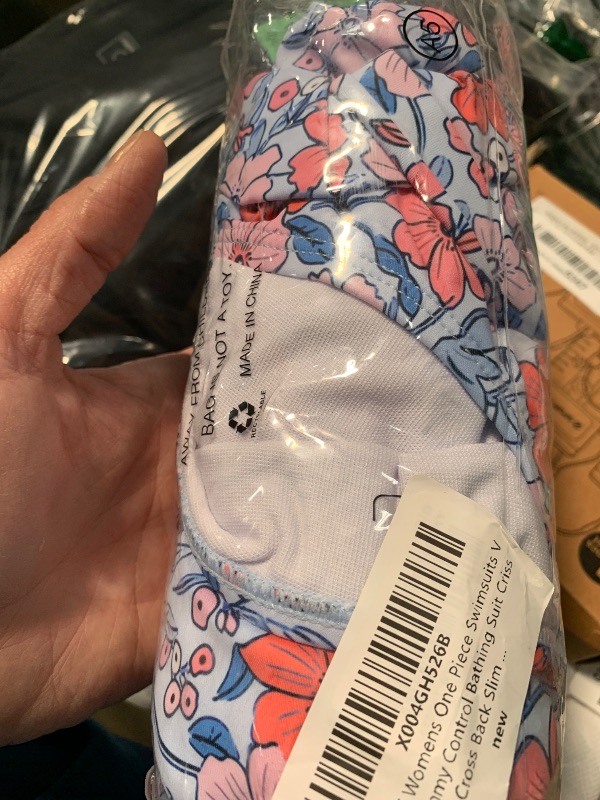 Photo 1 of AI'MAGE Womens One Piece Swimsuits V Neck Tummy Control Bathing Suit Criss Cross Back Slimming Swimwear with Drawstring Floral Medium