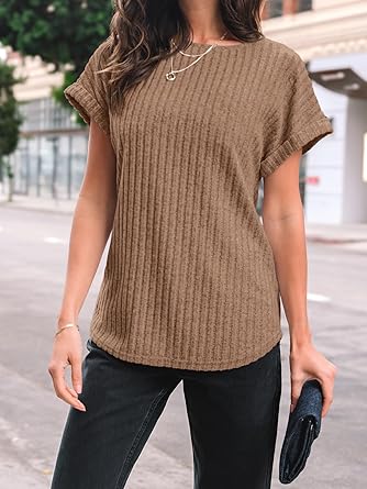 Photo 1 of ANRABESS Women's Short Sleeve Sweaters Tops Polo V Neck Cable Knit Casual Soft Pullover Shirts 2025 Summer Outfits Beige X-Large