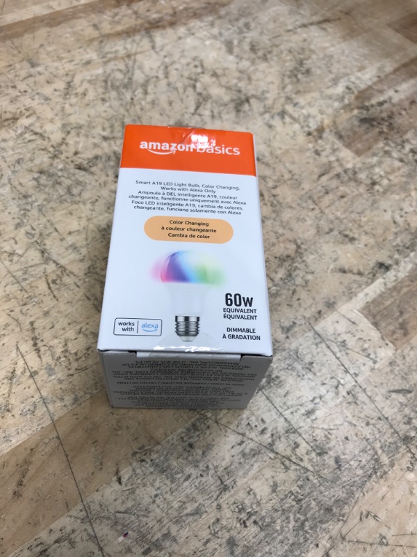 Photo 1 of Amazon Basics Smart A19 LED Light Bulb, Color Changing, 9W (60W Equivalent), 800LM, Works with Alexa Only, 2.4 GHz Wi-Fi, No Hub Required, 1 Pack