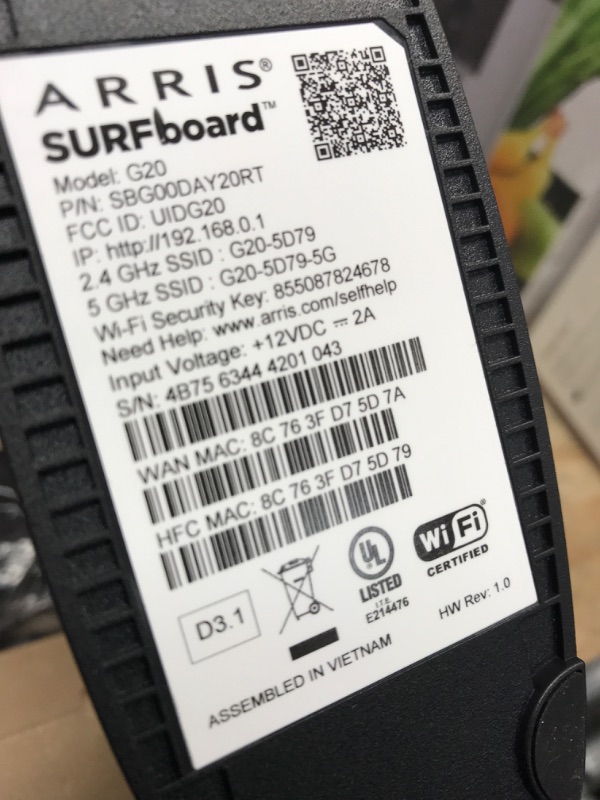 Photo 1 of ARRIS (G20) - Cable Modem Router Combo - Fast DOCSIS 3.1 Multi-Gigabit WiFi 6 (AX3000), Approved for Comcast Xfinity, Cox, Spectrum & More, 1.0 Gbps Max Speeds, Next-Generation Upload Optimized1001735
