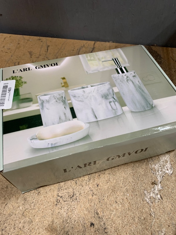 Photo 1 of (1 PART BROKEN) L'ARL GMVOI Bathroom Accessories Set,4 Pieces Marble Bathroom Vanity Countertop Accessory Set with Bathroom Toothbrush Holder Set,Soap Dispenser,Tumbler,Soap Dish for Bathroom Home Decor