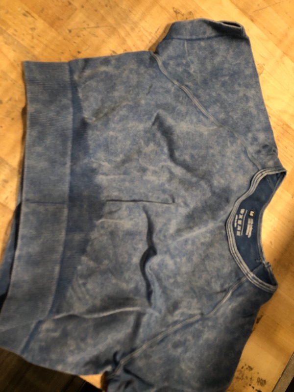 Photo 1 of *SHIRT ONLY* OLCHEE Womens Workout Sets 2 Piece - Seamless Acid Wash Yoga Outfits Leggings Shorts and Crop Top Matching Gym Activewear Athletic Clothing Set - Blue Medium