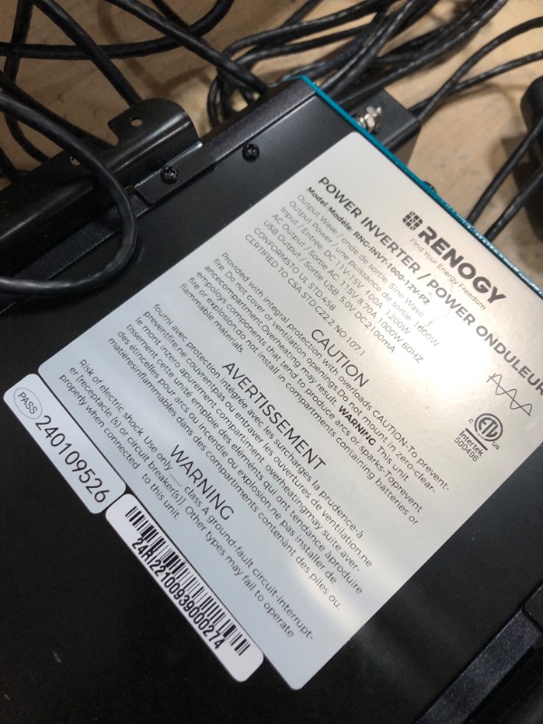 Photo 1 of *UNABLE TO TEST* Renogy 1000W Pure Sine Wave Inverter 12V DC to 120V AC Converter for Home, RV, Truck, Off-Grid Solar Power 110V with Built-in 5V/2.1A USB Port, Hardwire Remote Controller