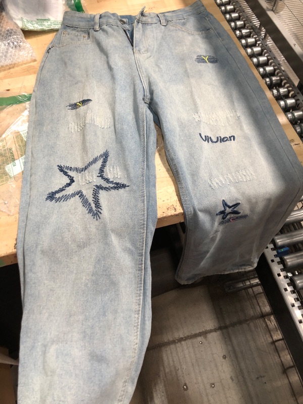 Photo 1 of *UNKNOWN SIZE* Womens Trendy High Waist Wide Leg Y2K Jeans Aesthetic Star Pants Teen Girls Boyfriend Loose Fit Star Embroidery Jeans Blue
