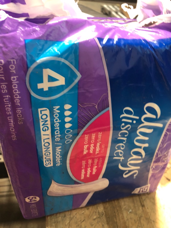 Photo 1 of Always Discreet Adult Incontinence Pads for Women, Moderate Absorbency, Long Length, Postpartum Pads, Up to 100% Bladder Leak Protection, 54 Count (Packaging May Vary)