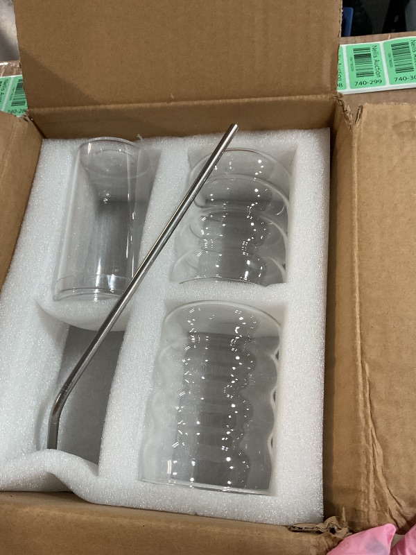 Photo 1 of **TWO ONLY** Tessco for you 4 Pcs Creative Glass Cups Vintage Drinking Glasses Ribbed Glassware Aesthetic Cup Entertainment Dinnerware Glassware with Straws Set for Kitchen Coffee Beverage(13.5 oz,Clear)