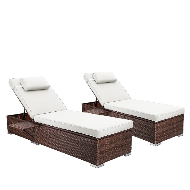 Photo 1 of ** Incomplete set only 1 box **  OUYESSIR Chaise Lounge Outdoor Wicker Lounge Chairs for Outside PE Rattan Patio Chairs Pool Loungers Set of 2 for Deck Yard Beach Poolside, with Side Shelf, Adjustable 5 Position, Beige/Brown