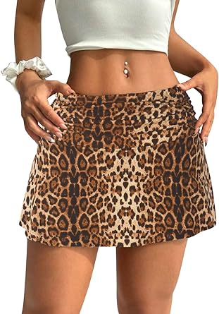 Photo 1 of  Mini Skorts for Women Sexy Mid-Waisted Pencil Bodycon Short Skirts Casual Leopard Ruched Skirts, SMALL