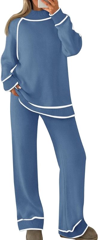 Photo 1 of (BAGED) (USED/FAIR) (MEDIUM) ZESICA Women's Two Piece Outfits Sweater Sets Long Sleeve Turtleneck Pullover Tops Wide Leg Pants Lounge Sets
