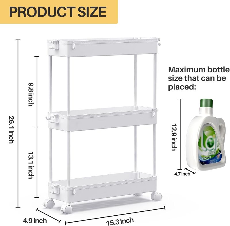 Photo 1 of (PARTIAL SET) (USED/FAIR) SPACEKEEPER Slim Rolling Storage Cart, 3 Tier Bathroom Storage Organizer Laundry Room Utility Cart Mobile Shelving Unit, Multi-Purpose for Kitchen Office Bathroom Laundry Narrow Places, White