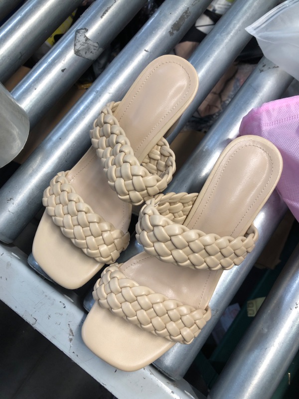 Photo 1 of (USED/FAIR) (BAGGED) Braided Heeled Sandals for Women 3 Inch Chunky Block Heel Square-Toe Dress Shoes, Cream Size 7 Summer Soft Synthetic Leather Sandals for Work, Wedding Night Out