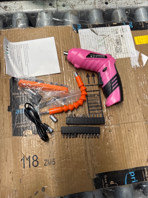 Photo 1 of (USED/FAIR) (POWER TESTED) Durofort Pink Cordless Electric Screwdriver Set, 4.1V Rechargeable Small Electric Drill with 48pcs Driver Bit Set, Power 3Nm Screw Gun with 2 Position Handle, Flexible Shaft LED Light for Women