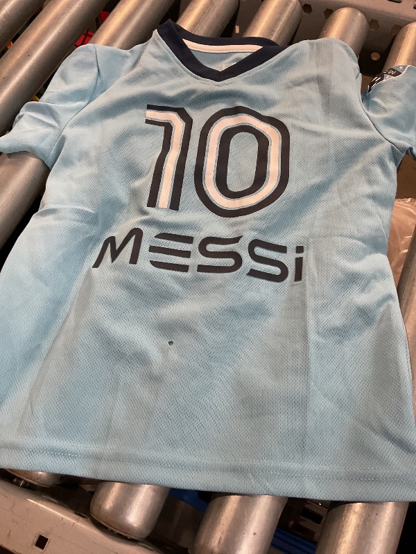 Photo 1 of (See images for damage) Messi #10 Little Kids/Boys Size 4-7 Classic Outline Icon Performance Soccer Jersey Shirt (Air Blue, Kids Size 4)