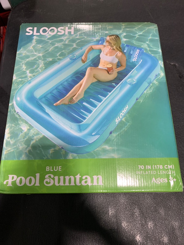 Photo 1 of SLOOSH Inflatable Tanning Pool Lounger Float, 70" x 46" Pool Floats Adult with Pillow, 4 in 1 Suntan Tub Raft Floatie,Sunbathing Bed Lounge for Water Blow Up Kids Ball Pit Party Gifts, L-Blue