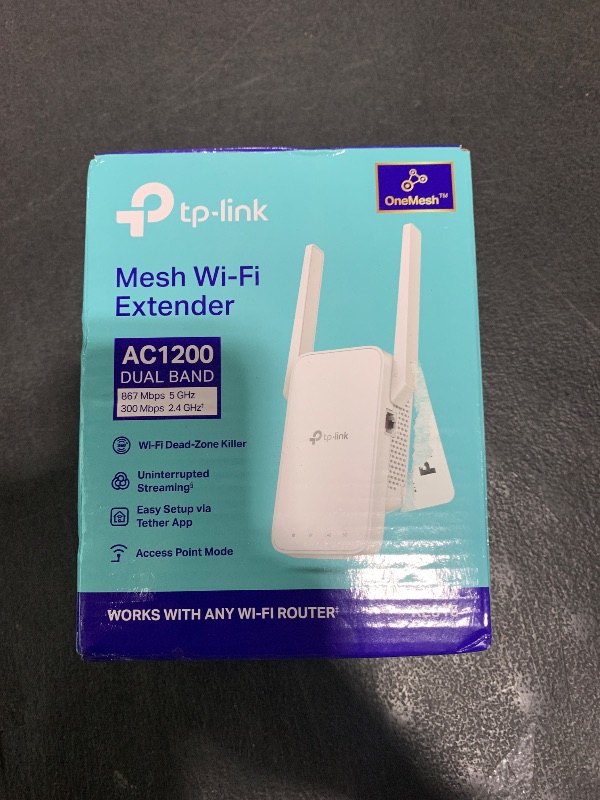 Photo 1 of TP-Link AC1200 WiFi Extender, 2025 Wirecutter Best WiFi Extender, 1.2Gbps home signal booster, Dual Band 5GHz/2.4GHz, Up to 1600 Sq.ft and 32 Devices, EasyMesh Compatible, One Ethernet Port (RE315)