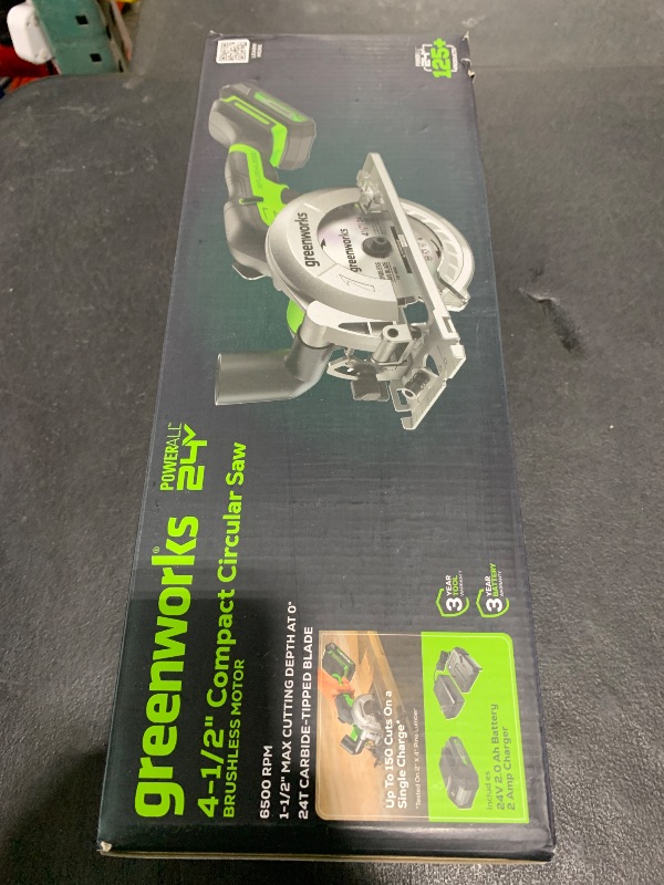 Photo 1 of Greenworks 24V Brushless Small Circular Saw,4-1/2" Compact Circular Saw, 6500 RPM Mini Circular Saw,2.0Ah Battery and Compact Charger Included