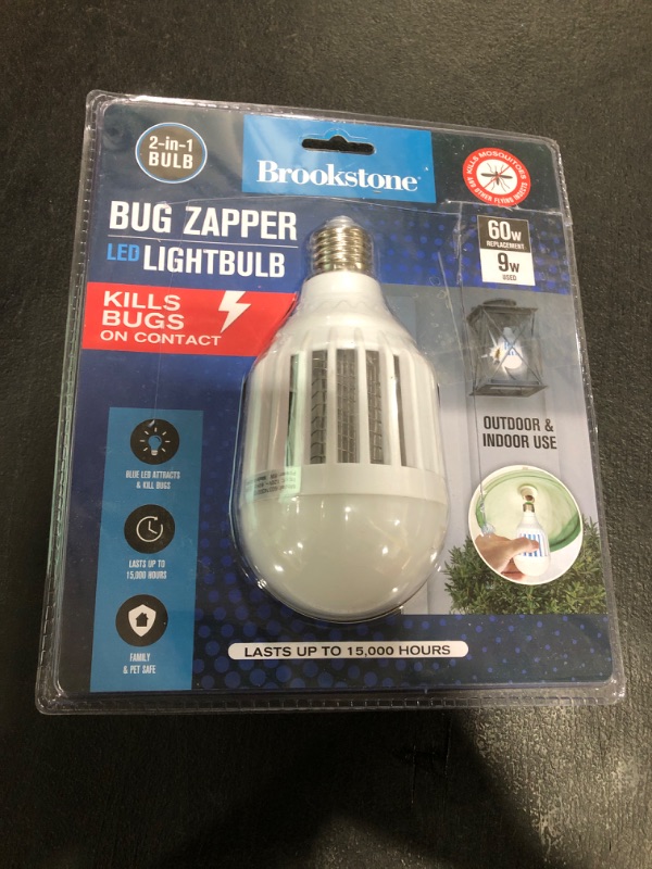 Photo 1 of Brookstone Bug Zapper Light Bulb - 2-in-1 White Light & Blue LED Insect Killer, Chemical-Free, Non-Toxic, Easy Clean Catch Tray, 15,000 Hours, Safe for Children & Pets, Indoor/Outdoor Use