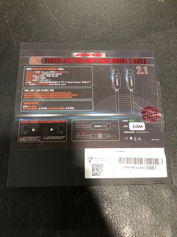 Photo 1 of RUIPRO 8K Fiber Optic HDMI Cable 33 Feet 48Gbps 8K60Hz 4K120Hz Dynamic HDR eARC HDCP2.2/2.3 for RTX4080/4090/3080/3090, Xbox S/X, PS5/4, AVR, Projector, LG/Samsung/Sony TV