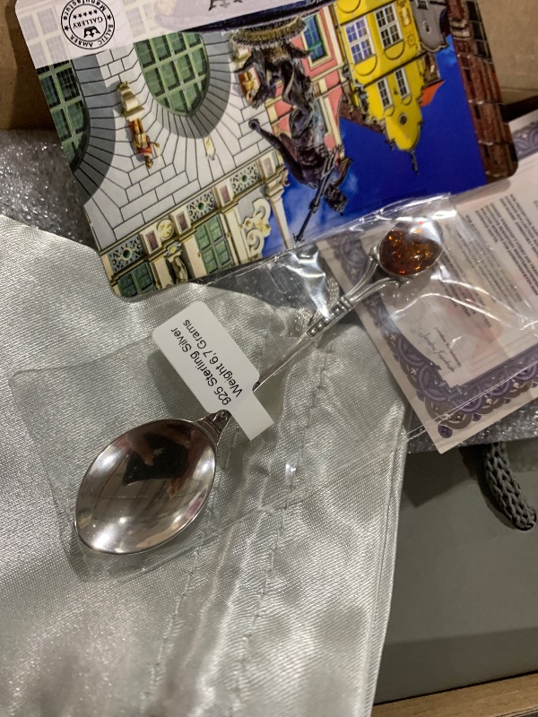 Photo 1 of AMBEDORA Small spoon for Boy or Girl, Sterling Silver Oxidised Oval Baltic Amber Cabochon, Silver Spoon Patras with Amber, Christening Birthday Gift