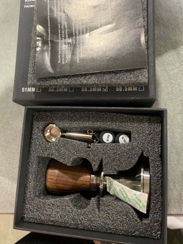 Photo 1 of KNODOS Calibrated Espresso Tamper 58mm Walnut, Auto-Leveling and 30lb Spring Loaded Design Stainless Steel Ripple Base Coffee Tamper with 20lb / 25lb / 30lbs Replacement Springs (58.3mm)