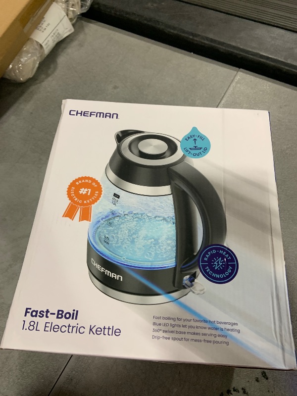 Photo 1 of Chefman Electric Kettle, 1.8L 1500W, Hot Water Boiler, Removable Lid for Easy Cleaning, Auto Shut Off, Boil-Dry Protection, Stainless Steel Filter, BPA Free, Borosilicate Glass Electric Tea Kettle
