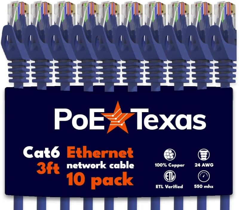 Photo 1 of PoE Texas Cat 6 Ethernet Cable 3 Ft - 10 Pack - Snagless Patch Cable - 10 Gigabit High Speed 24AWG Network Cable - Cat6 Ethernet Cable Cat 6 Cable - Cat 6...
