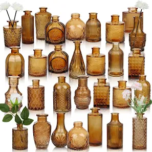 Photo 1 of KOIUEYW Amber Gold Glass Bud Vases Set of 12, Vintage Small Vases for Flowers, Clear Crystal Mini Style in Bulk, Small Flower Glass for Centerpieces Wedding Decorations Home Party Decor
