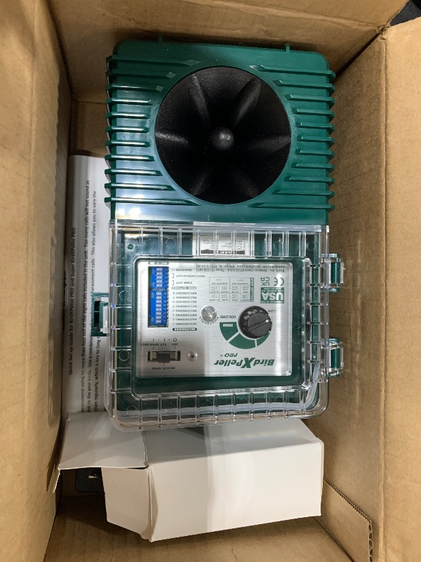 Photo 1 of Bird-X BirdXPeller Pro Electronic Bird Preventer Version 1, Sonic Bird Decoy Device, Perfect for Pigeons, Starlings, Sparrows, and Gulls, Covers up to 1 Acre, 3-5 kHz Frequency