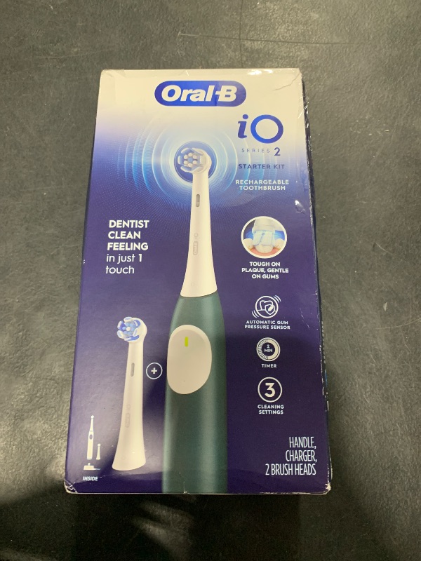 Photo 1 of Oral-B iO Series 2 Rechargeable Electric Powered Toothbrush Starter Kit, Forest Green with 2 Brush Heads - Automatic Pressure Sensor to Protect Gums - 3 Modes - 2 Min Timer