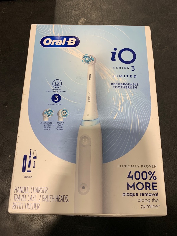 Photo 1 of Oral-B iO Deep Clean Rechargeable Electric Powered Toothbrush, White with iO Series 3 Limited, 2 Brush Heads and Travel Case - Pressure Sensor to Protect Gums - 3 Cleaning Settings - 2 Minute Timer