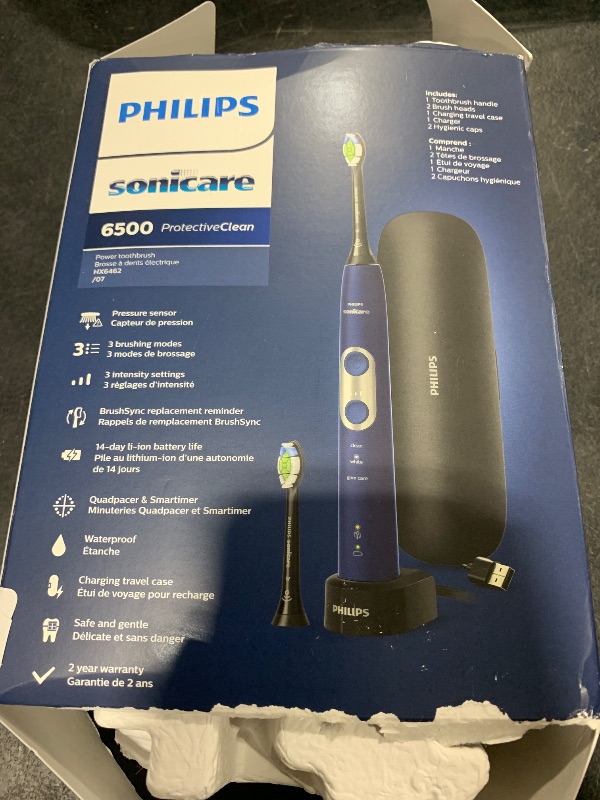 Photo 1 of Philips Sonicare ProtectiveClean 6500 Rechargeable Electric Toothbrush, with Pressure Sensor, 3 Cleaning Modes, SmarTimer and QuadPacer, 14-Day Battery Life, Charging Travel Case, Navy Blue, HX6462/07