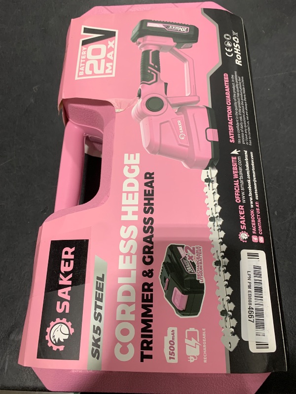 Photo 1 of Saker Cordless Hedge Trimmer-20V Electric Shrub Trimmer Grass Shears Handheld Grass Cutter, Hedge Shear with 2 PCS Rechargeable Battery and Charger for Garden, Lawn(Pink)