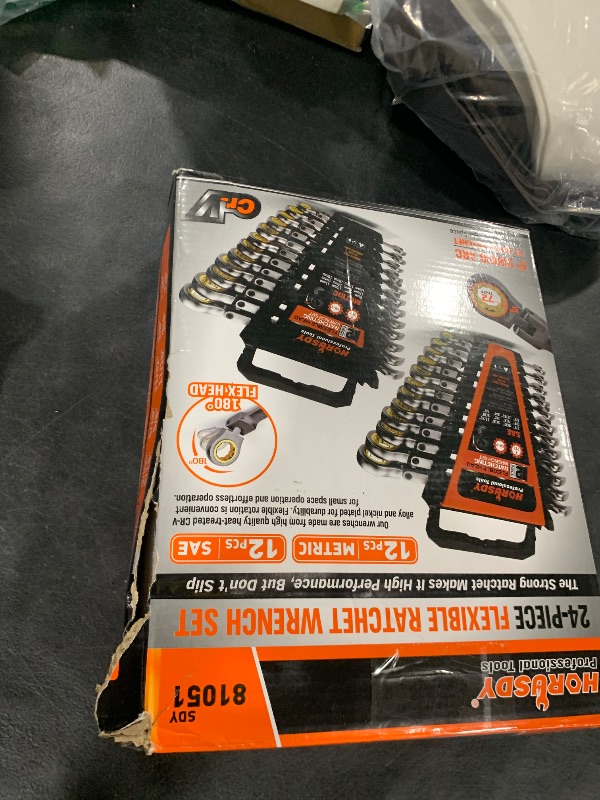 Photo 1 of HORUSDY 24-Piece Flex-Head Ratcheting Wrench Set | Metric and SAE | Ratchet Combination Wrenches Set with Organizer | 72-Teeth | Chrome Vanadium Steel | 8-19 mm & 1/4” to 7/8“