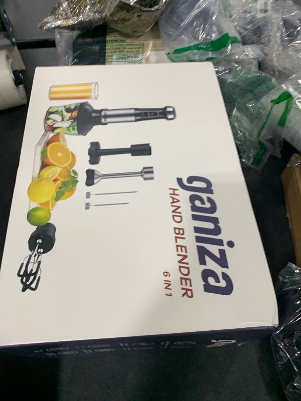 Photo 1 of Ganiza Immersion Blender Handheld, 6 in 1 Hand Blender Stainless Steel Blade, 15 Speed Stick Blenders Electric, 800ml Mixing Beaker, 600ml Chopper, Whisk, Frother, Potato Masher
