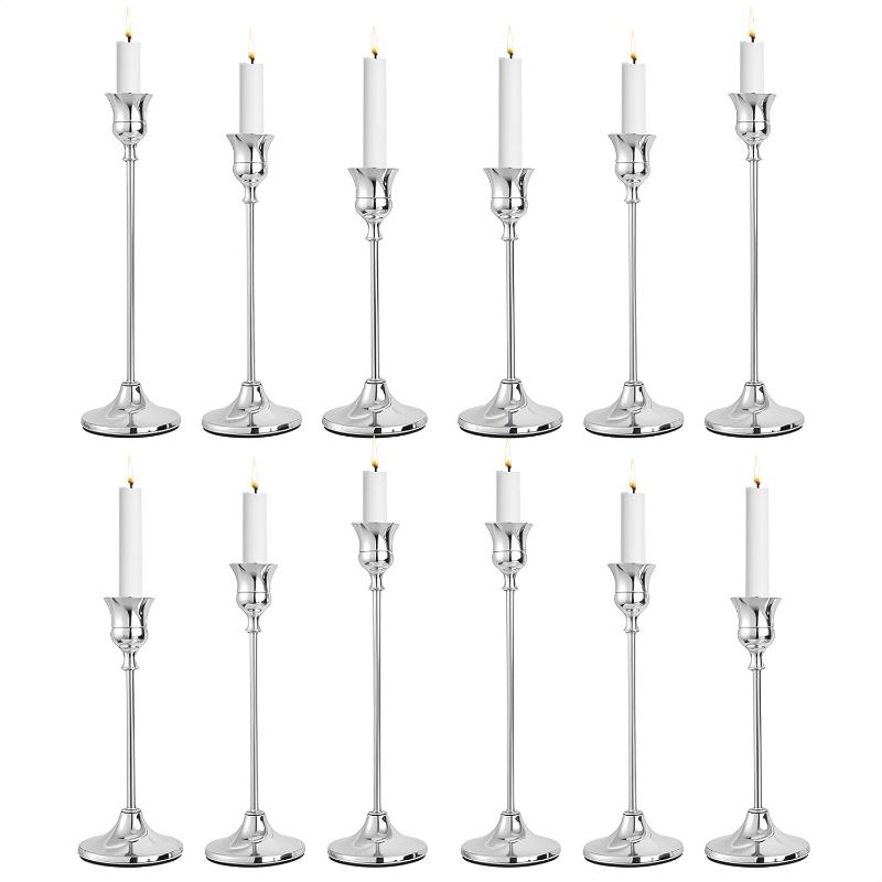 Photo 1 of Silver Candlestick Holders Taper Candle Holder, Vintage Modern Candle Stick Holders Set Bulk for Home Decor Table Mantel Decorative Centerpiece Party Festival Decorations(4 Set 12Pcs)